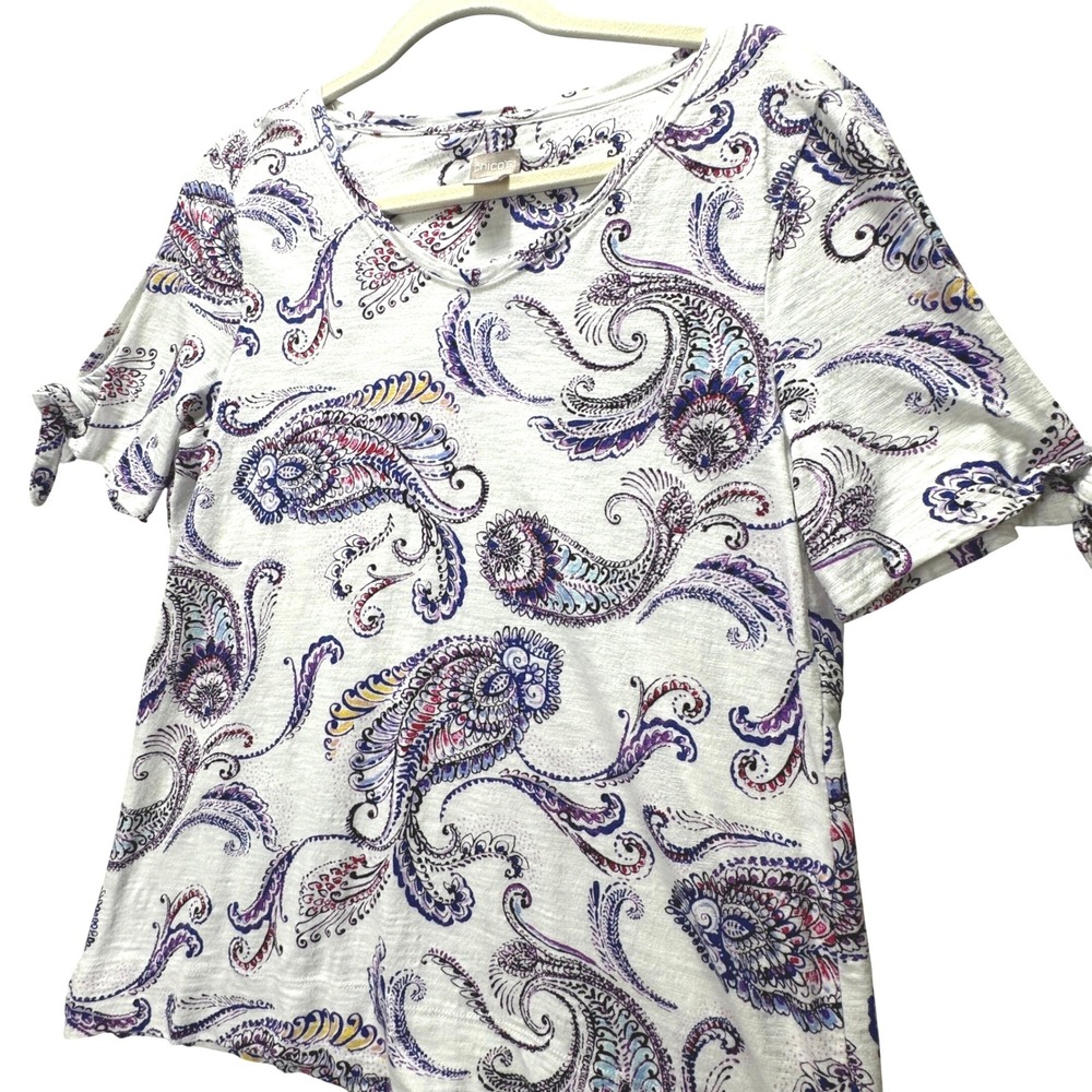 Chicos White Paisley Cold Shoulder Knit Top Tie Sleeve Lightweight Size 1 - Med.